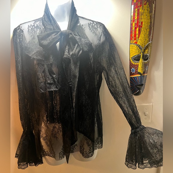 ZARA long sleeve lace shirt with v-neck and long bow tie.  Size MEDIUM - Picture 3 of 8